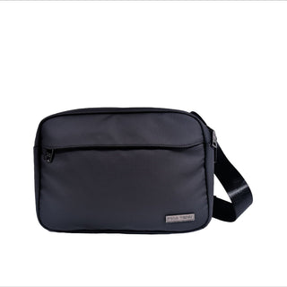 Black shoulder bag with Polo Venzi logo on a white background