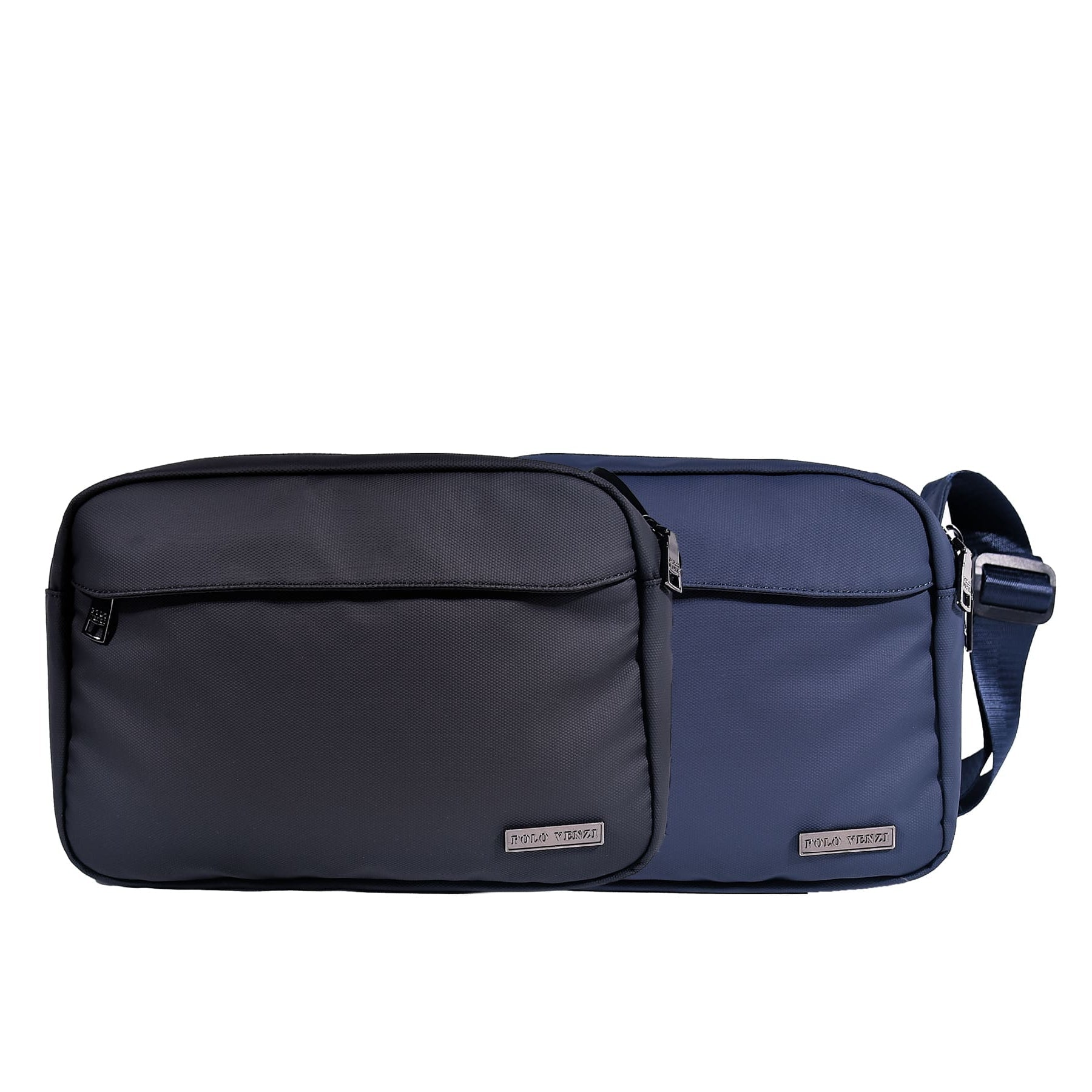Two-toned black and blue bag with Polo Venzi logo on a white background